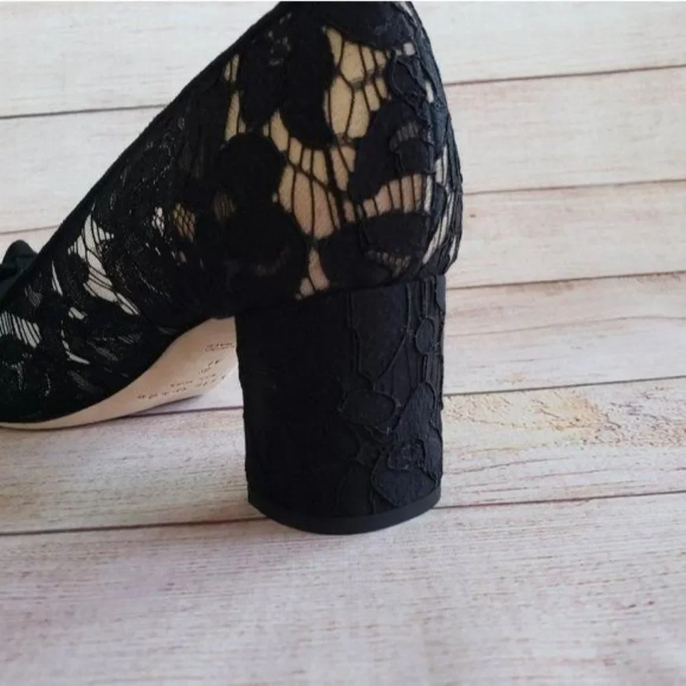 Kate Spade Lace Leather & Suede Pointy Toe Block Heel Shoes Black Size 8